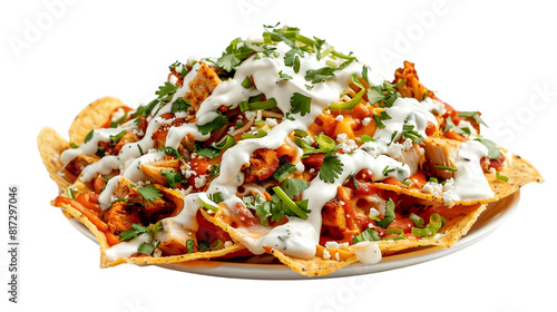  A generous serving of loaded nachos layered with seasoned chicken, queso, and sour cream, with cilantro sprinkled on top,, transparent background
