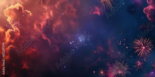 A mesmerizing display of fireworks against a starry night sky, featuring a mix of colors and patterns © gunzexx png and bg