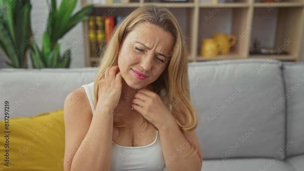 A young caucasian woman with blonde hair appears distressed, touching her neck and head while sitting in a living room. A young caucasian woman with blonde hair appears distressed, touching her neck and head while sitting in a living room.