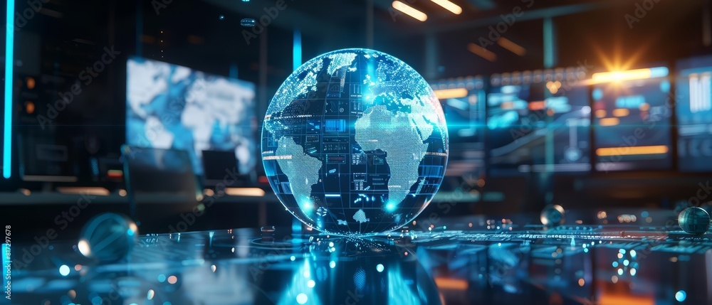Close up of an outsourcing strategy hologram, where international collaboration and resource allocation are optimized, set in a virtual global office space, sharpen with copy space Close up of an outsourcing strategy hologram, where international collaboration and resource allocation are optimized, set in a virtual global office space, sharpen with copy space