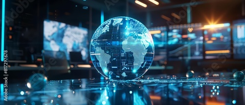 Close up of an outsourcing strategy hologram  where international collaboration and resource allocation are optimized  set in a virtual global office space  sharpen with copy space