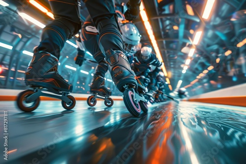 Close up of inline hockey athletes on magnetically levitating skates photo
