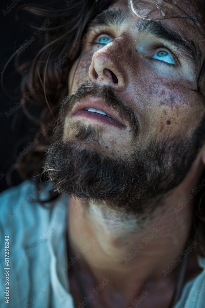A man with a beard and blue eyes is looking up at the camera A man with a beard and blue eyes is looking up at the camera