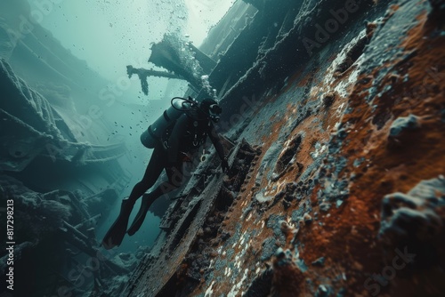 Diver swimming inside a sunken shipwreck underwater. Marine life and underwater world concept. Scuba diving, sport and active lifestyle. Design for banner, wallpaper. Exploration and research photo
