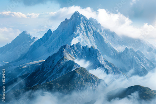 Wallpaper Mural Majestic mountain range with peaks covered in clouds. Landscape photograph. Nature and adventure concept. Design for posters, wallpapers, and travel advertisements Torontodigital.ca