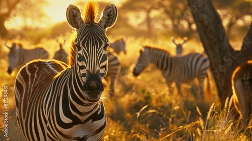 A zebra is standing in a field with other zebras photo