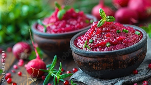  A close-up of two bowls of food on a table with pomegranates on the side