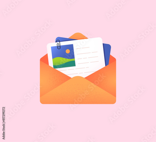 Open paper envelope with document and attachment. Mail, letter, postal service. Sending or receiving email. Correspondence, communication concept. Inbox mail. Isolated flat vector illustration
