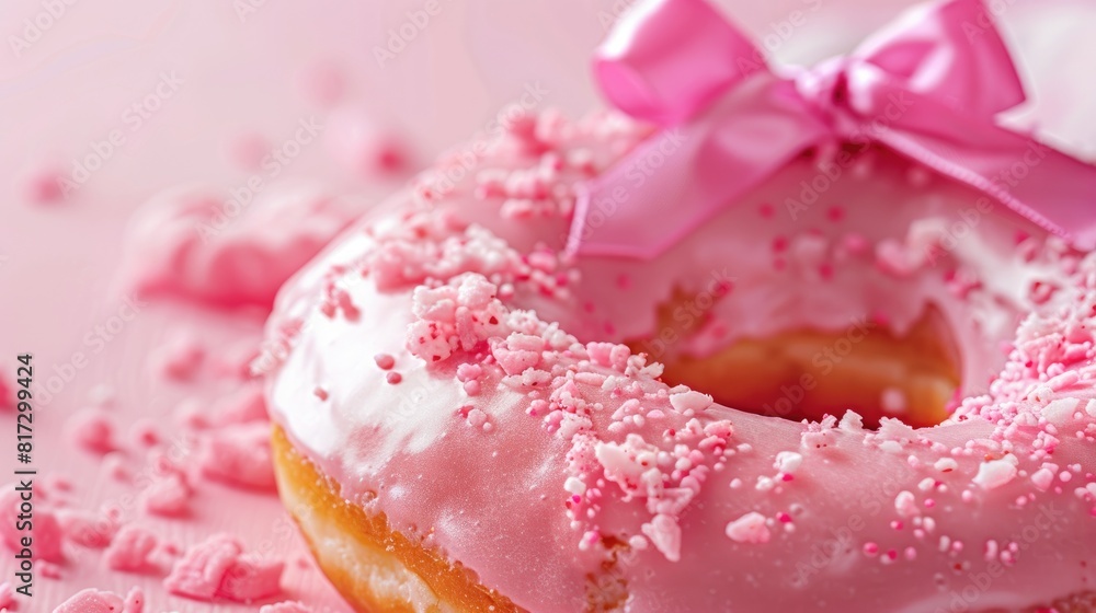 A delightful pink donut adorned with a cute bow set against a pink backdrop celebrating Donut Day up close A delightful pink donut adorned with a cute bow set against a pink backdrop celebrating Donut Day up close
