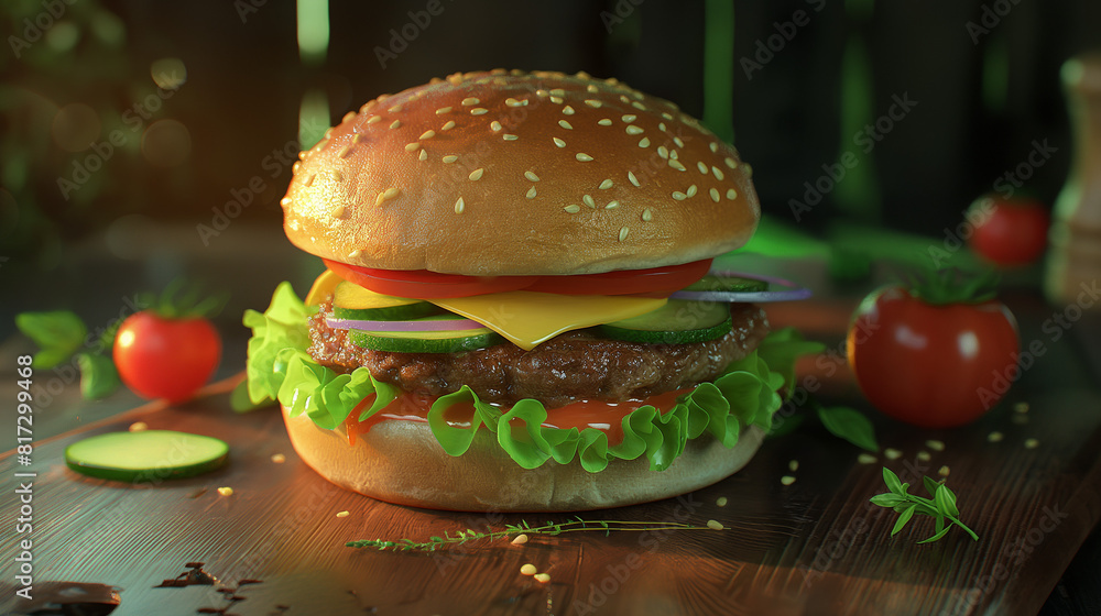 hamburger on a wooden table, hamburger on a black background hamburger on a wooden table, hamburger on a black background