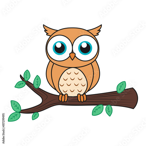 Vector flat cute brown owl sitting on branch isolated on white background