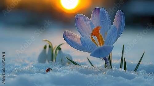  A flower in snow under the sun with a ladybug in front