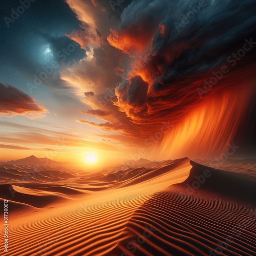 3D rendering AI illustration of Sand Dune with rock hills and sunset sand storm