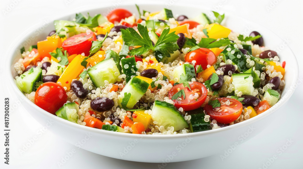 Quinoa salad with cherry tomatoes, cucumbers, bell peppers, black beans, and cilantro, on white background Quinoa salad with cherry tomatoes, cucumbers, bell peppers, black beans, and cilantro, on white background