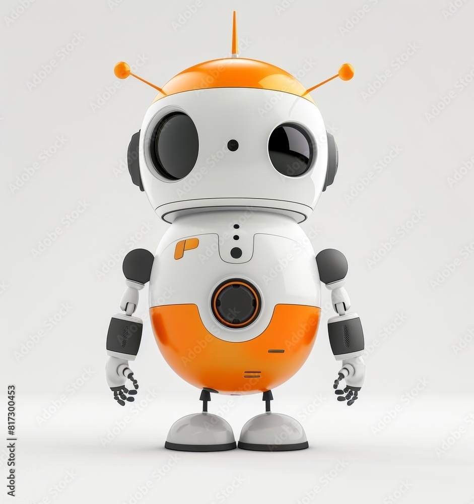 Futuristic orange and white robot with a friendly design, isolated on a white background. Futuristic orange and white robot with a friendly design, isolated on a white background.