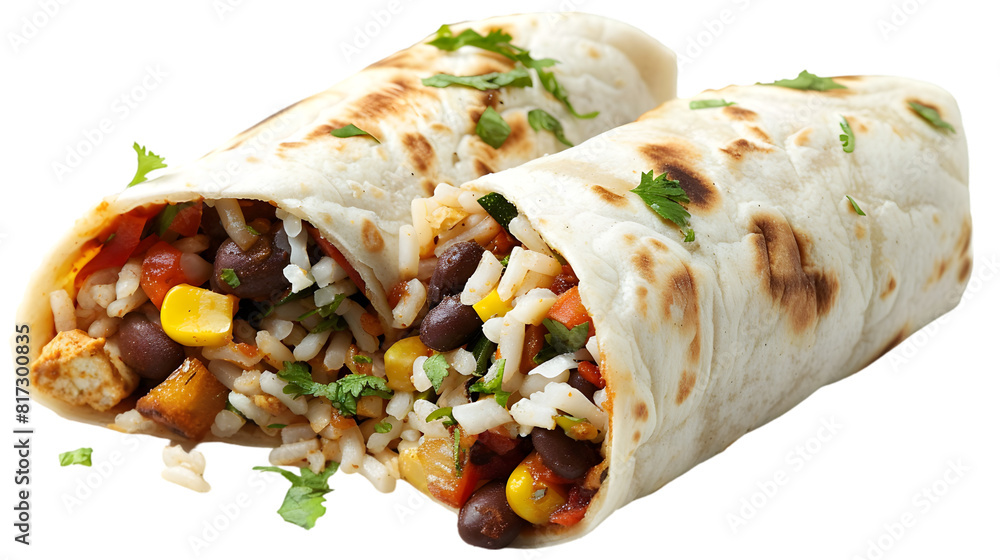 A hearty veggie burrito bursting with vibrant roasted vegetables, rice, and beans, transparent background A hearty veggie burrito bursting with vibrant roasted vegetables, rice, and beans, transparent background