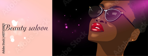 Beautiful woman in sunglasses on glamorous background.Beauty salon banner design template