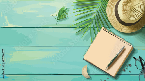 Stylish notebook with pen hat and palm leaf on gree photo