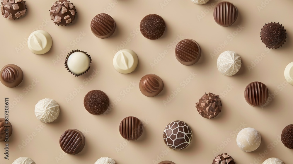 Create a visually appealing flat lay with an assortment of white milk and dark chocolate candies set against a neutral beige background viewed from above Create a visually appealing flat lay with an assortment of white milk and dark chocolate candies set against a neutral beige background viewed from above