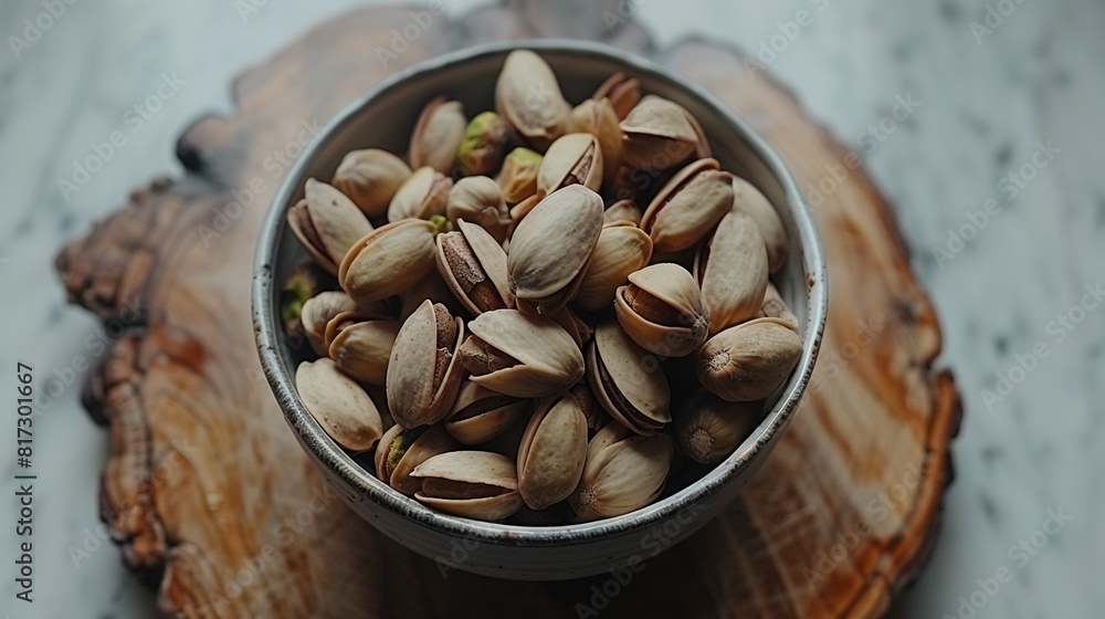 A bowl of pistachios resting atop a wooden table on top of a piece of wood A bowl of pistachios resting atop a wooden table on top of a piece of wood