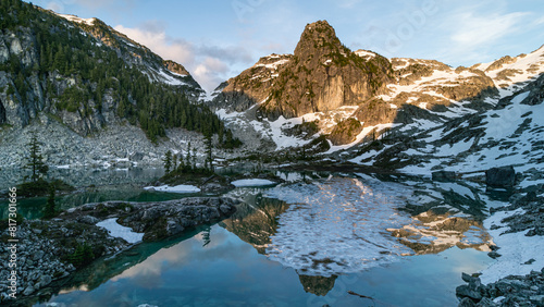 Mountain lake at sunset with glacier