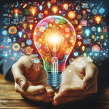 Colorful Glowing Technology Idea Bulb Lamp in the Dark Visualization of Brainstorming & Creative Thinking with Bright New Idea Surrounding Outside, Person's Hands on Side. Strategy Business Planning
