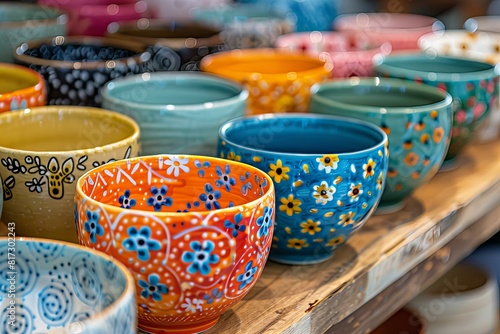 Many bowls on a table with different designs on them photo