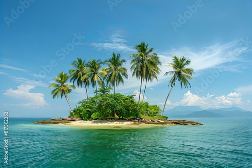 A view of a small island with palm trees on a clear day