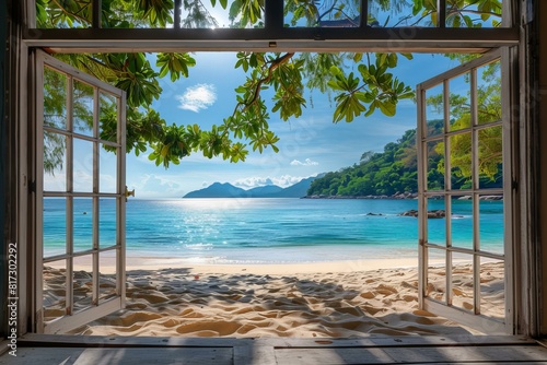 A view of the beach through an open window