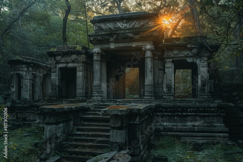 Ancient temple amidst lush foliage with sunlight filtering through branches