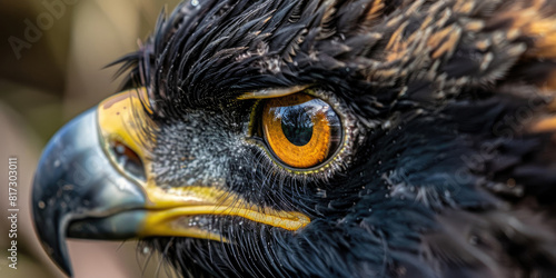 Close-up of a regal bald eagle's eye, capturing its piercing gaze and strength