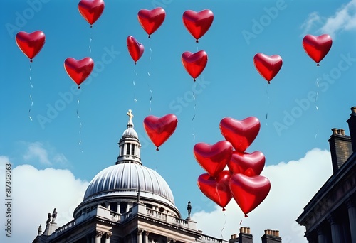 A lot of Red heart shaped balloons are flying into the streets of london and Celebrating love and romance withput people