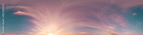 360 panorama of glowing sunset sky with bright pink Cumulus clouds. HDR 360 seamless spherical panorama. Full zenith or sky dome sky replacement for aerial drone panoramas. Climate and weather change.