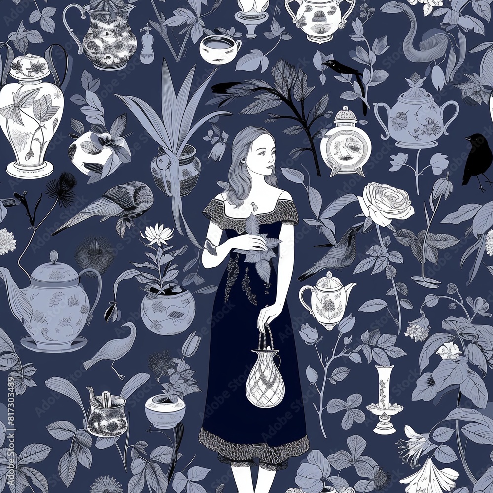 Fototapeta premium In the centre is a young woman dressed smartly. Delicate plants and porcelain vases and birds fill the space. The deep blue background and muted tones create a calm, dreamy atmosphere.