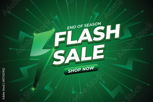 Flash Sale Shopping Poster or banner with Flash icon and 3D text on greeny background. Flash Sales banner template design for social media and website. Special Offer Flash Sale campaign or promotion. photo