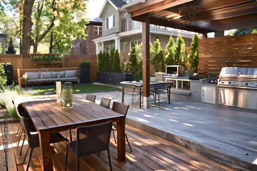 Modern backyard patio with outdoor kitchen, dining area, and lounge under pergola