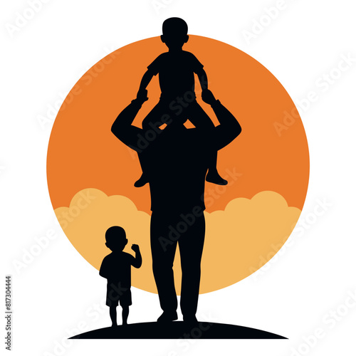 Design a silhouette vector artwork portraying a father carrying his children on his shoulders against a sunset backdrop, symbolizing strength, protection, and paternal love for Father's Day.
