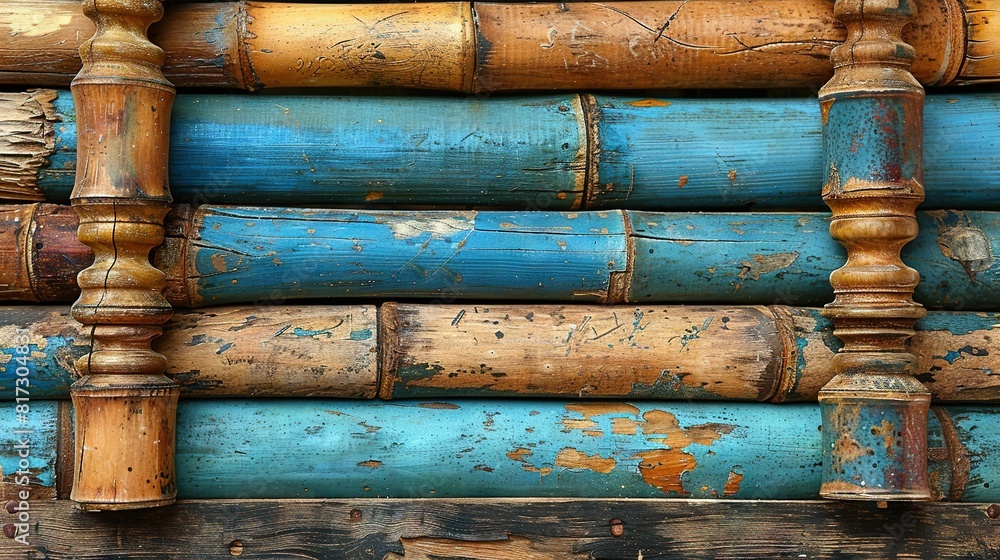 A sharp image of blue and yellow bamboo stacks, with rusty paint on top A sharp image of blue and yellow bamboo stacks, with rusty paint on top