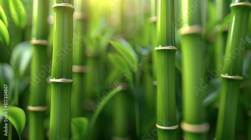   Close-up of green plant with numerous bamboo stalks in foreground  sun shining in background