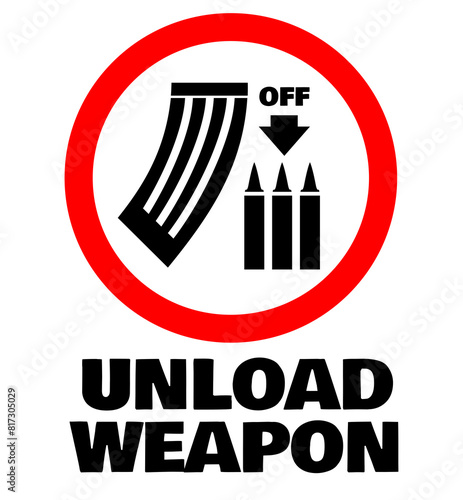 Magazine off weapon sign. No loaded weapons allowed. Magazines forbidden. Loaded weapons forbidden red circle sign.