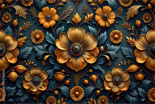 The texture of the bas-relief, Golden flowers on a black background, Artistic printing with a golden texture. Oil painting by hand. Oil on canvas, brush strokes. Contemporary art. Prints, wallpapers,  photo