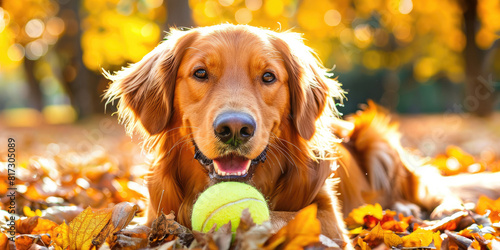 Close-up of a happy Golden Retriever playing fetch in a sunlit park, with a tennis ball in its mouth, autumn park background