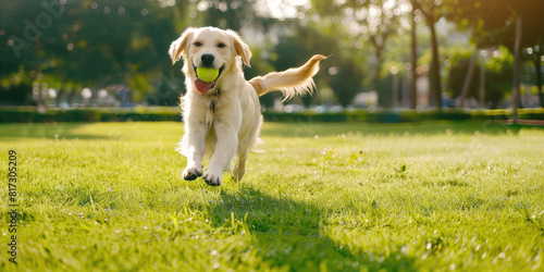 Close-up of a happy Golden Retriever playing fetch in a sunlit park, with a tennis ball in its mouth