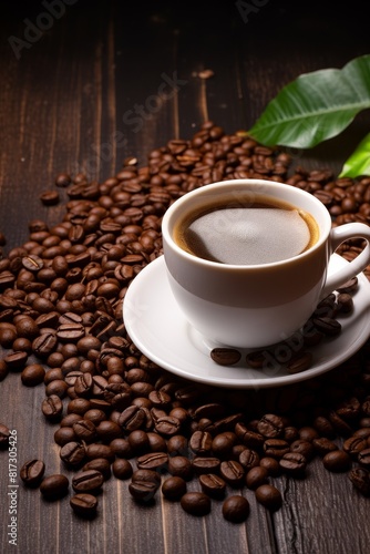  A coffee cup is placed on a background with a copy space image featuring coffee beans 