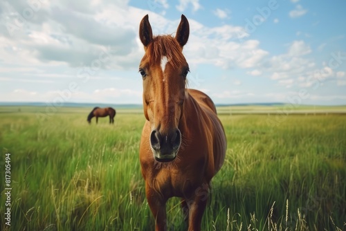 Chestnut brown horse standing in the green field on a sunny summer day