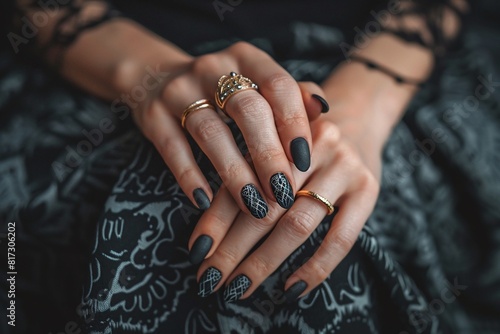 Close-up of hands with black matte nails, gold rings, and dark patterned fabric, elegant and stylish manicure concept, luxurious and artistic design, modern beauty, copy space