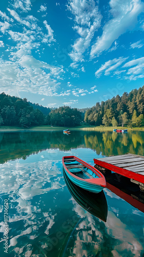 Serene Morning at Wl Lake: An Ideal Fishing Getaway Surrounded by Lush Greenery and Crystal Blue Waters