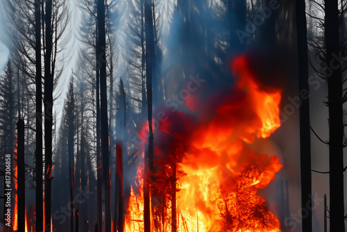 Forest fire. Wildfire. Fire that burns the entire forest with its hot fire flames. Problem that increases with the droughts of recent years. Fires that affect places such as Canada and the USA. Smoke.