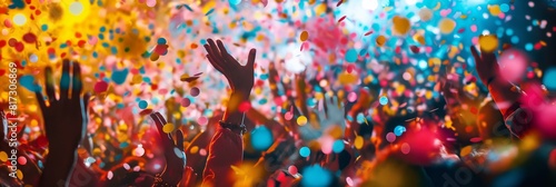 Vibrant image of hands reaching for the sky amidst a shower of colorful confetti photo