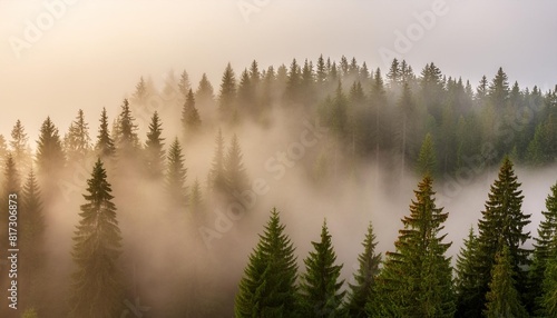 a forest filled with lots of tall pine trees covered in fog and smoggy clouds in the distance is a forest filled with lots of tall pine trees in the foreground photo